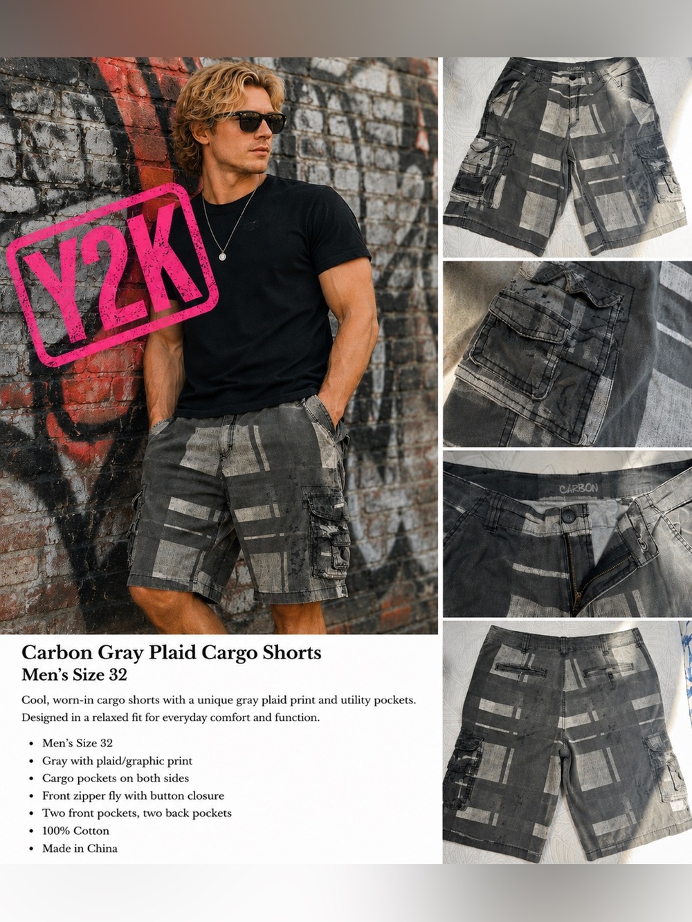 Y2K Carbon Gray Plaid Cargo Shorts Men’s Size 32 Skater Streetwear Utility
